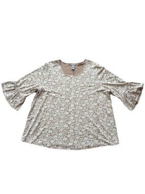 Catherines 2X Womens Top Tunic Bell Sleeve Scoop Neck Tan Floral Stretch NWT